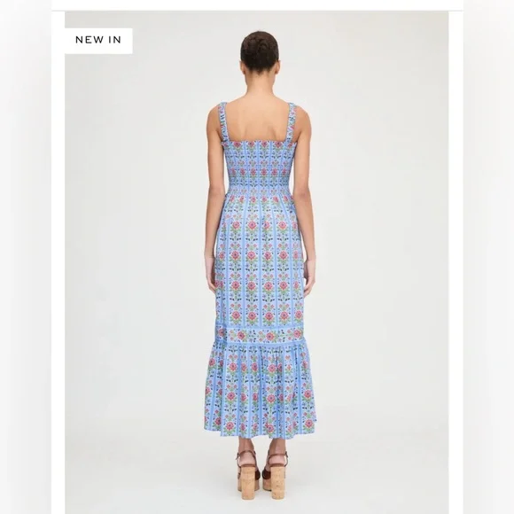 Hill House Anjuli Nap Smocked Cotton Midi Maxi Dress Blue Floral Block Stripe - Picture 3 of 10